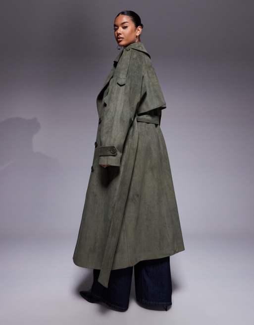 Aria Cove faux suede belted trench maxi coat in khaki, 3 of 4