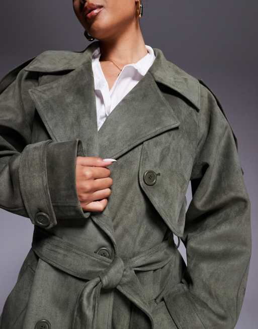 Aria Cove faux suede belted trench maxi coat in khaki, 4 of 4