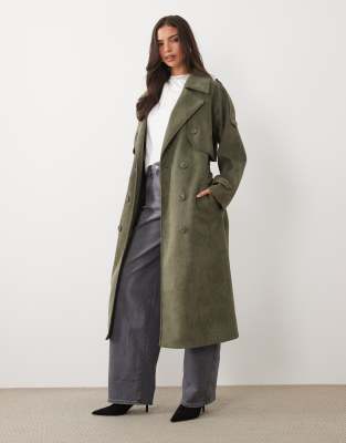 Aria Cove Faux Suede Belted Trench Maxi Coat In Green