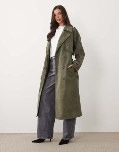 Aria Cove faux suede belted trench maxi coat in khaki - view 1