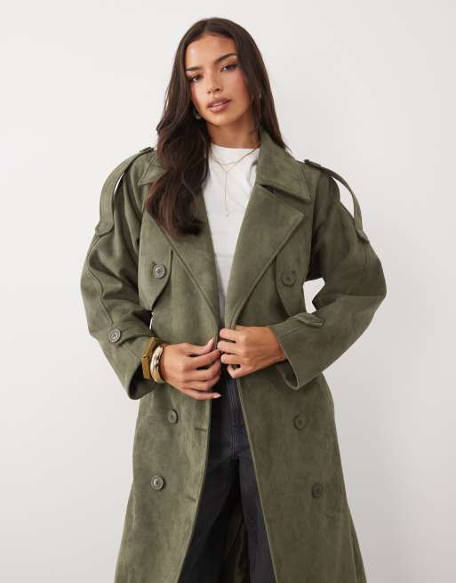 Aria Cove faux suede belted trench maxi coat in khaki, 2 of 4
