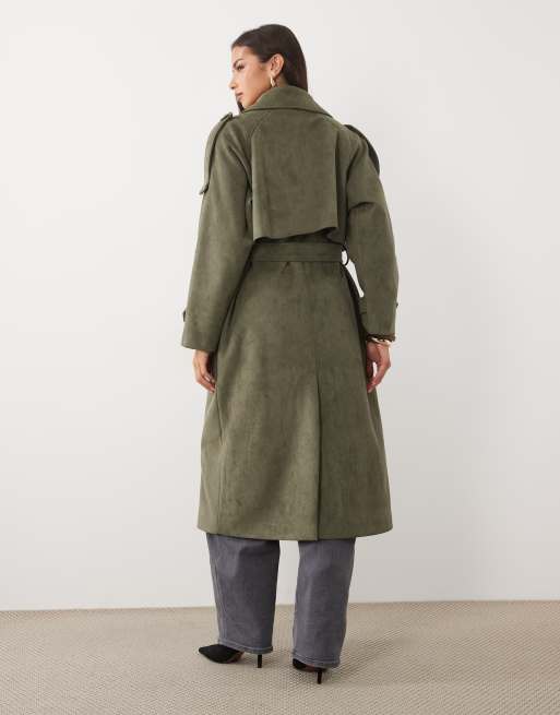 Aria Cove faux suede belted trench maxi coat in khaki, 4 of 4