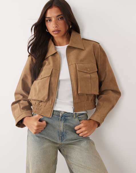 Aria Cove faux suede cargo pocket detail cropped bomber jacket in taupe - view 1