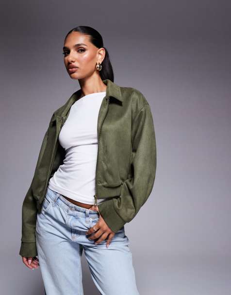Aria Cove faux suede collared cropped bomber jacket in khaki green - view 1