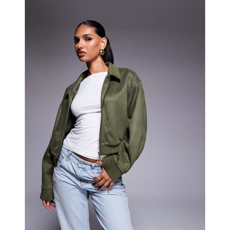 Aria Cove faux suede collared cropped bomber jacket in khaki green