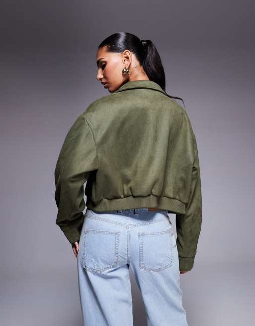 Aria Cove faux suede collared cropped bomber jacket in khaki green, 4 of 4