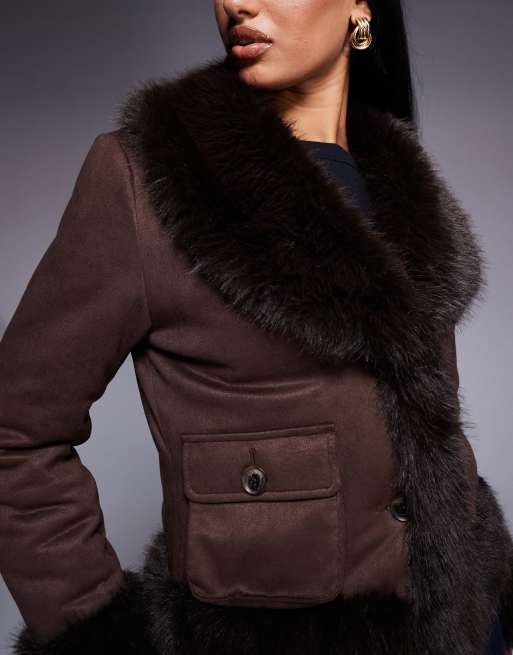 Aria Cove faux suede contrast faux fur trim jacket in chocolate