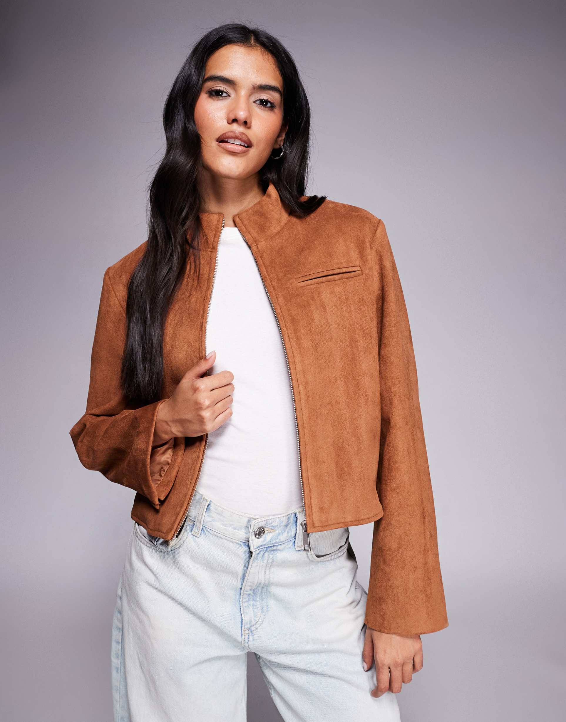 aria cove faux suede fitted zip-up jacket in tan