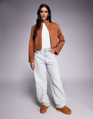 Aria Cove Faux Suede Fitted Zip-up Jacket In Brown