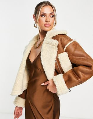 Aria Cove faux suede shearling cropped aviator jacket in tan