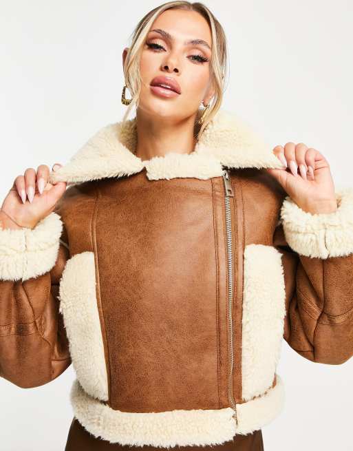 Aria Cove faux suede shearling cropped aviator jacket in tan