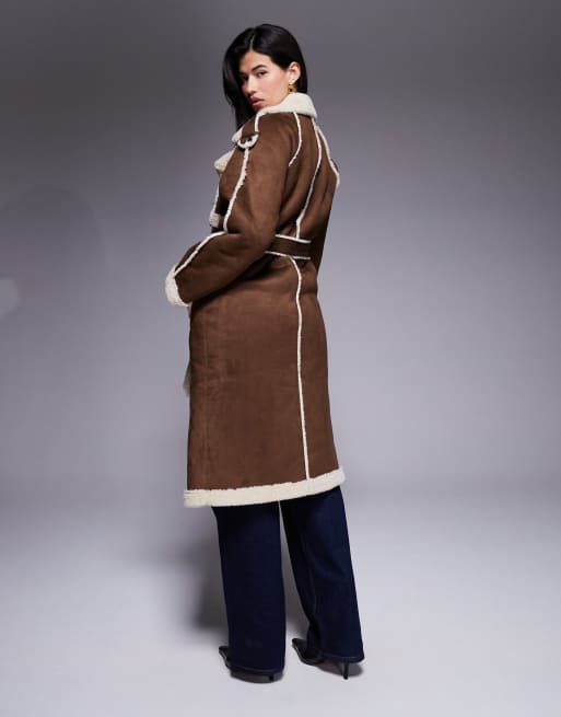 Aria Cove faux suede shearling look trim belted longline coat in