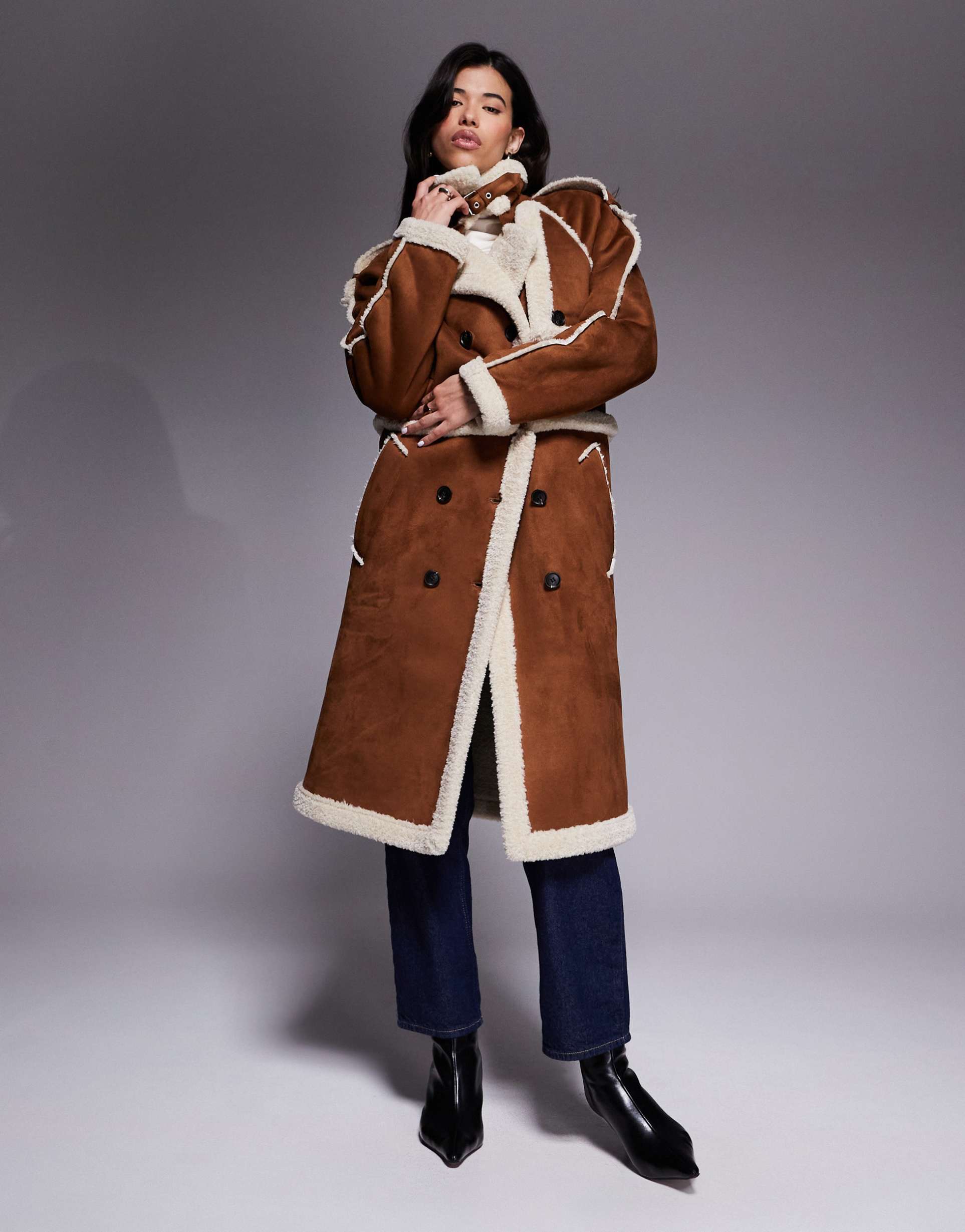 aria cove faux suede shearling look trim buckle detail 2 in 1 longline coat in brown