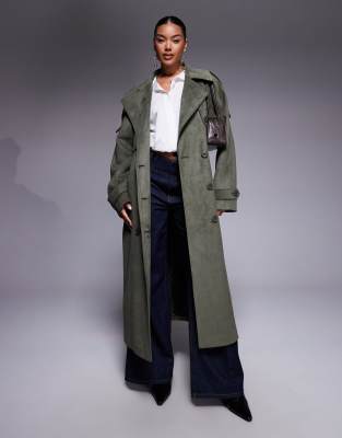 Aria Cove faux suede trench maxi trench coat in khaki-Green
