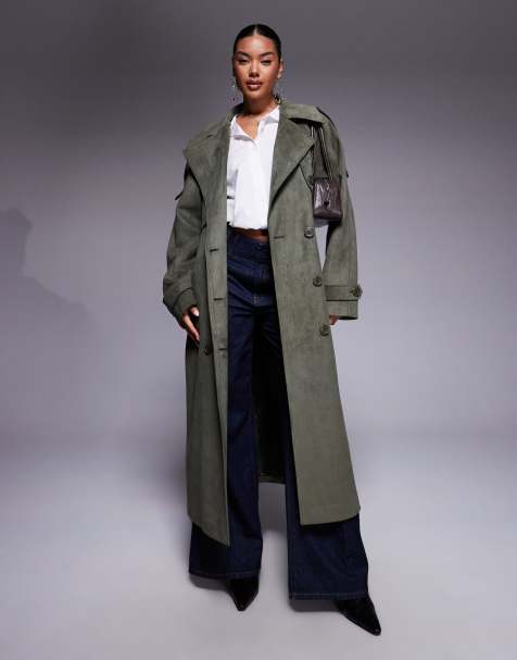 Aria Cove faux suede trench maxi trench coat in khaki - view 1