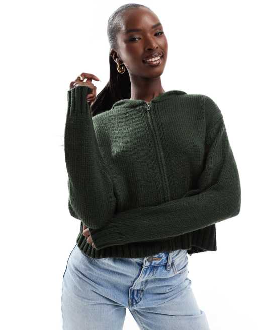 Aria Cove Felpa con cappuccio taglio corto in maglia verde scuro con zip ASOS