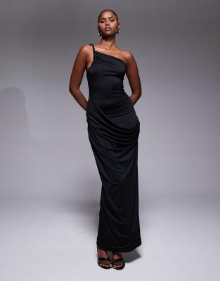 Aria Cove - Figurbetontes, doppellagiges Maxikleid in Schwarz mit asymmetrischem Schnitt, Rückenausschnitt und drapierte...