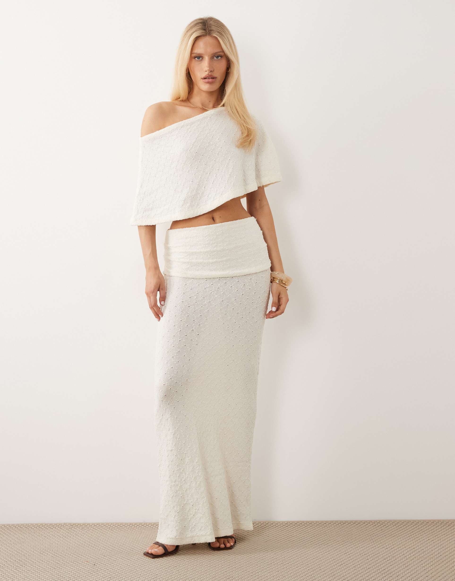 aria cove fine knit fold over beach maxi skirt in white - part of a set