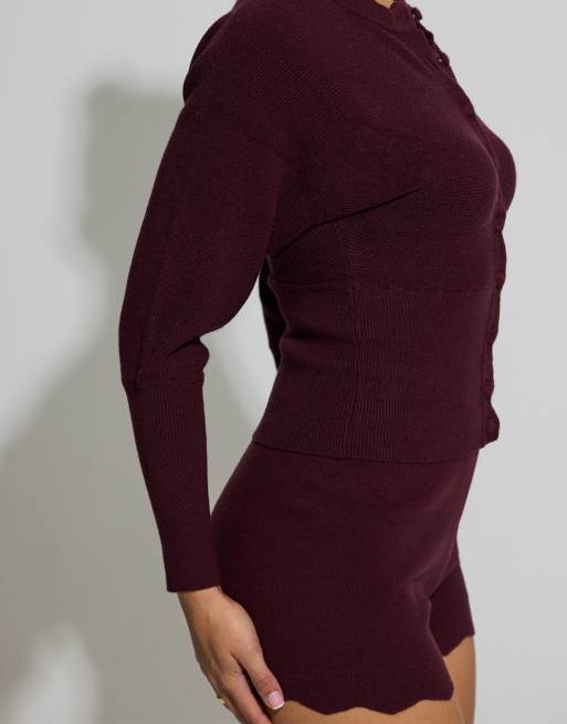 Aria Cove fine knit scallop hem mini short co-ord in plum, 3 of 4