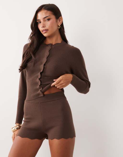 Aria Cove fine knit scalloped neck button through cardigan and shorts in chocolate, 2 of 3