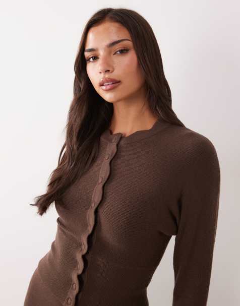 Aria Cove fine knit  scallop neck button through cardigan co-ord in chocolate - view 1
