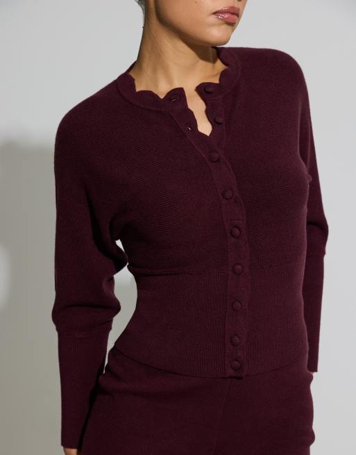 Aria Cove fine knit scallop neck button through cardigan co-ord in plum, 2 of 4