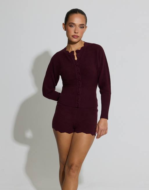 Aria Cove fine knit scallop neck button through cardigan co-ord in plum, 3 of 4
