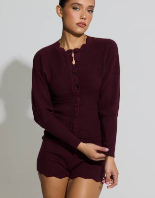 Aria Cove Fine Knit Scallop Neck Button Up Cardigan In Purple