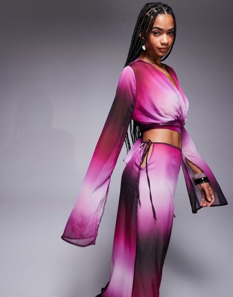 Aria Cove chiffon wrap split sleeve beach top co-ord in purple ombre
