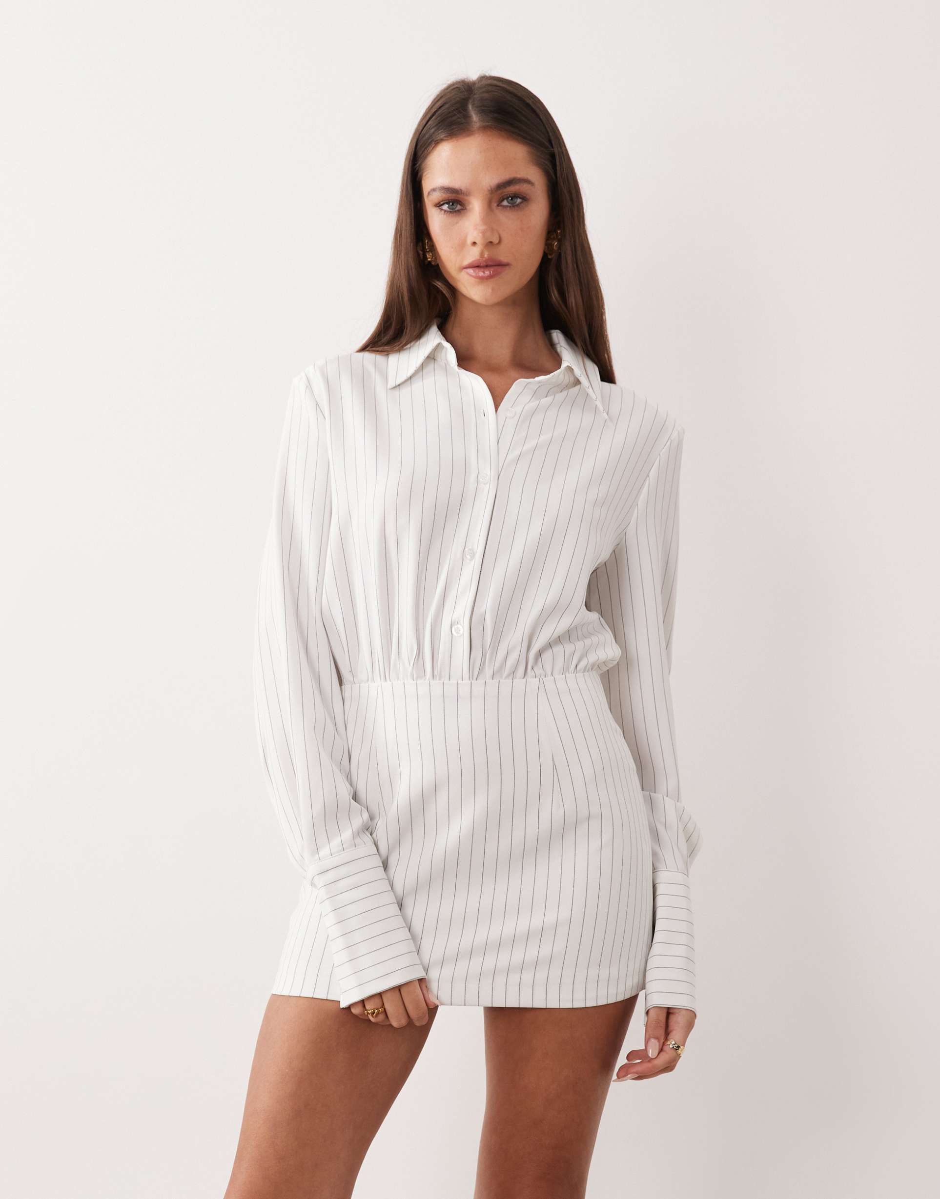 aria cove fitted deep cuff mini shirt dress in white pinstripe