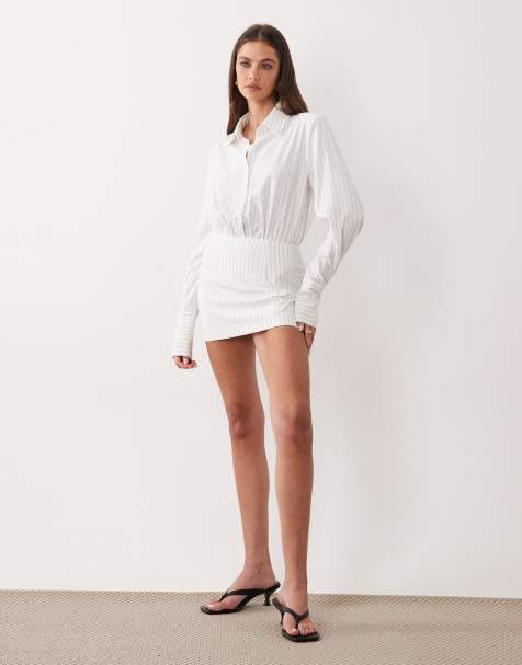 slim fit dress slacks Cinched Maxi Shirt Dress in White
