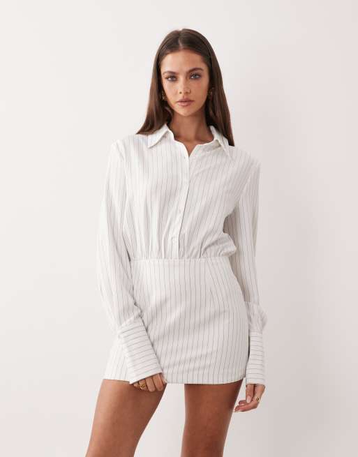 Aria Cove fitted deep cuff mini shirt dress in white pinstripe, 2 of 5