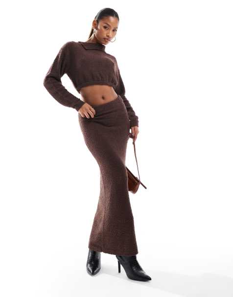 Aria Cove fluffy boucle knitted maxi skirt co-ord in chocolate