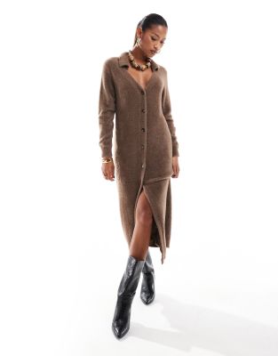 fluffy collar detail knitted maxi cardigan dress in mid brown