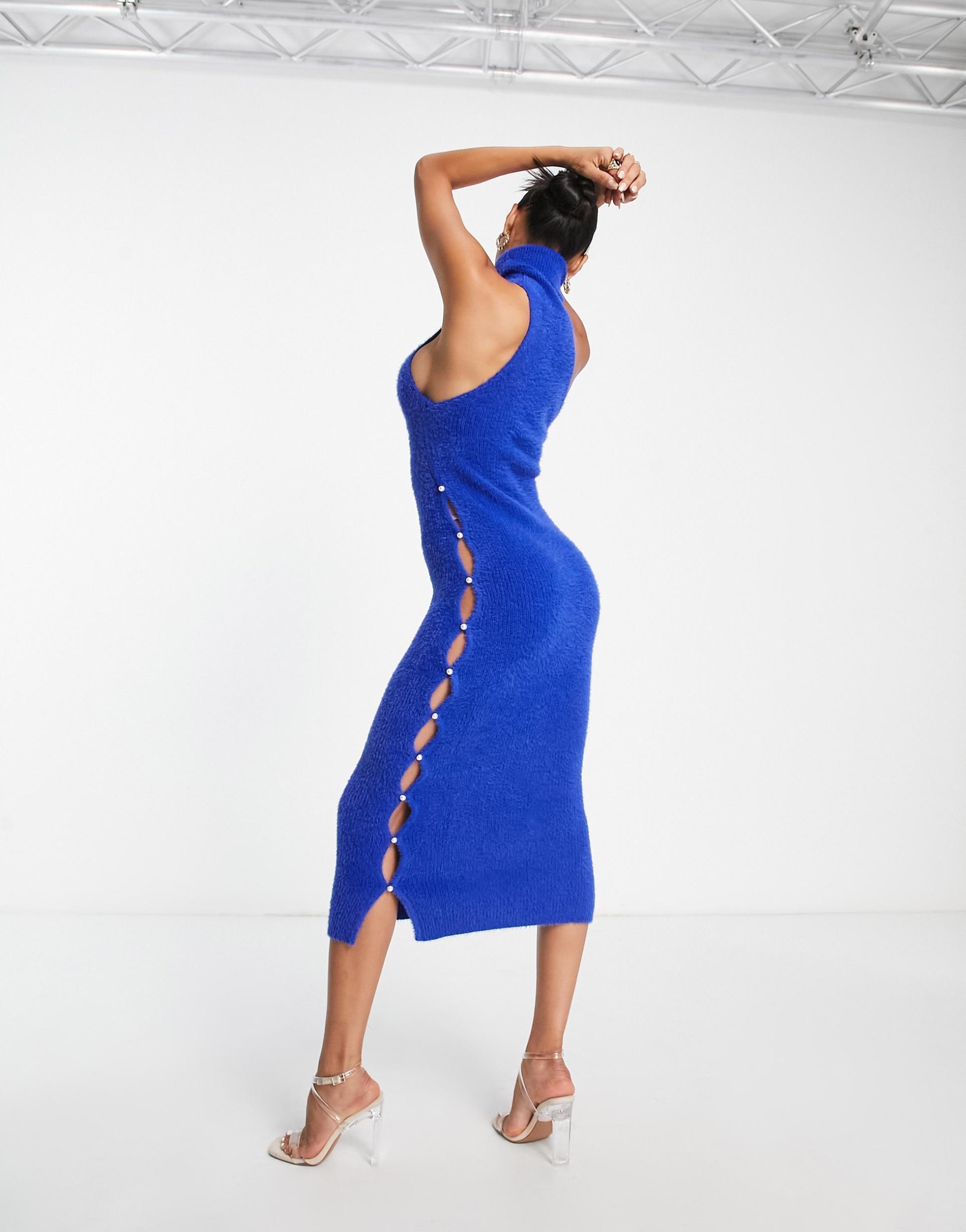 aria cove fluffy high neck sleeveless midi dress with cut-out side detail in cobalt