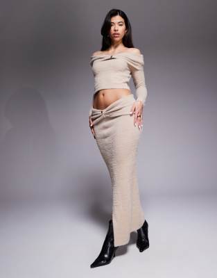 Aria Cove Aria Cove fluffy knit metal detail foldover maxi skirt co-ord in beige-Neutral
