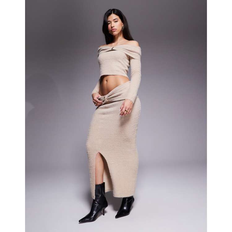 Aria Cove fluffy knit off the shoulder metal detail sweater and