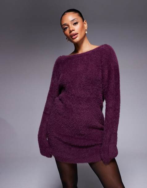 Aria Cove fluffy knit reversible low back mini jumper dress in plum - view 1