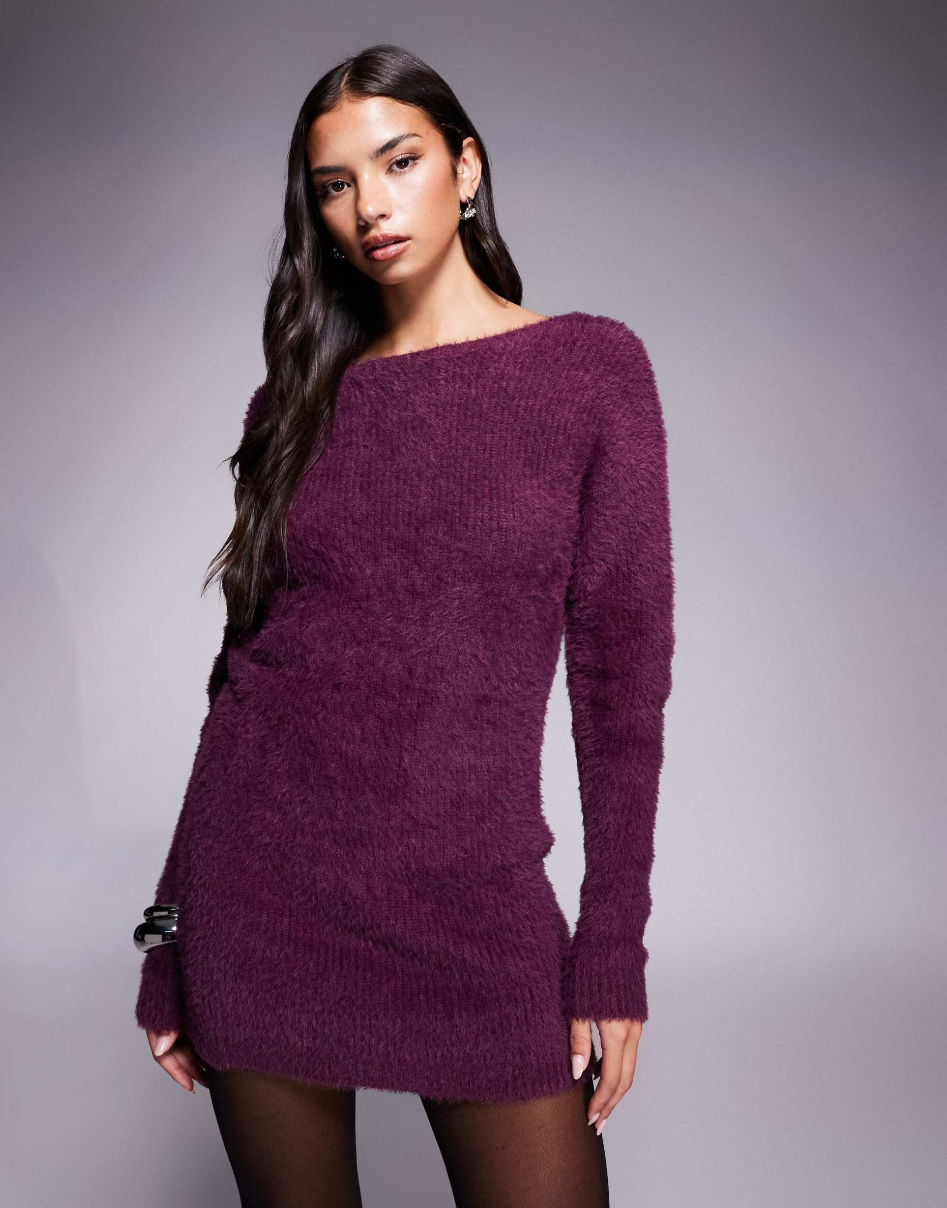 aria cove fluffy knit reversible low back mini sweater dress in plum