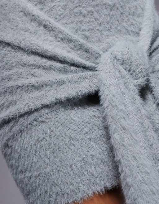 Aria Cove fluffy knit turtle neck knot front drape detail mini dress in gray