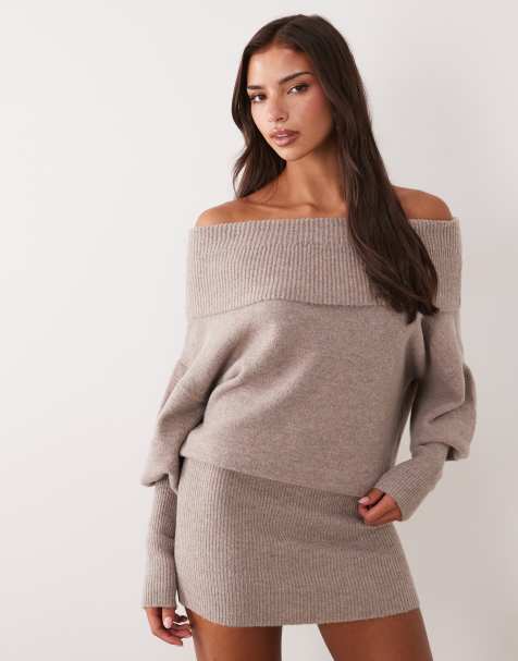 Aria Cove foldover bardot balloon sleeve mini jumper dress in oat - view 1