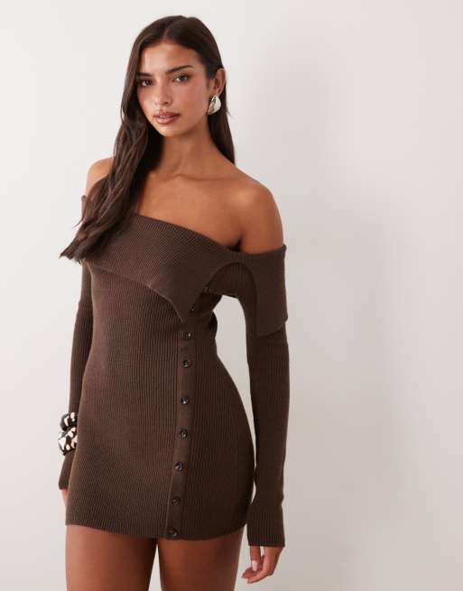 Aria Cove foldover off shoulder button down knit mini dress in chocolate, 2 of 4