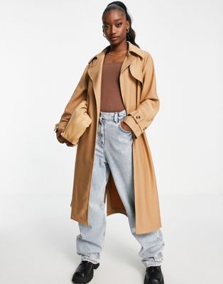 Aria Cove full oversized maxi trench coat with tie waist detail in tan