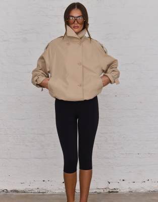 Aria Cove Funnel Neck Belt Sleeve Cropped Trench Bomber Jacket In Neutral