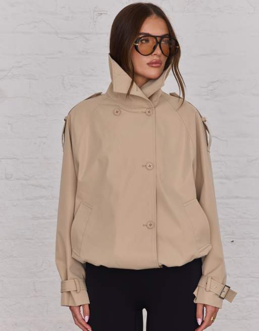 Aria Cove funnel neck belt sleeve cropped trench bomber jacket in tan, 2 of 4