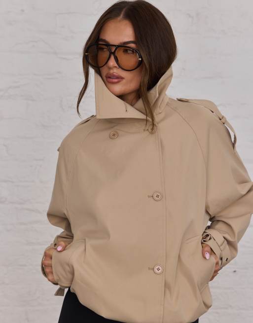 Aria Cove funnel neck belt sleeve cropped trench bomber jacket in tan, 4 of 4