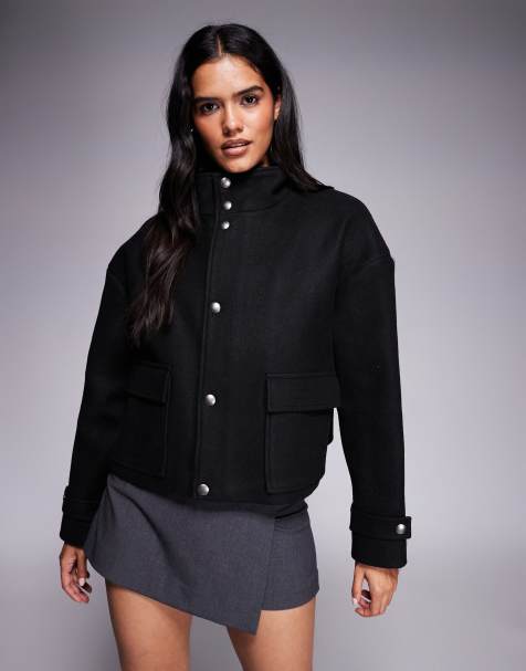 Aria Cove funnel neck zip through wool look pocket detail jacket in black
