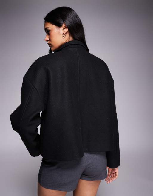 Aria Cove funnel neck zip through wool look pocket detail jacket in black, 4 of 4