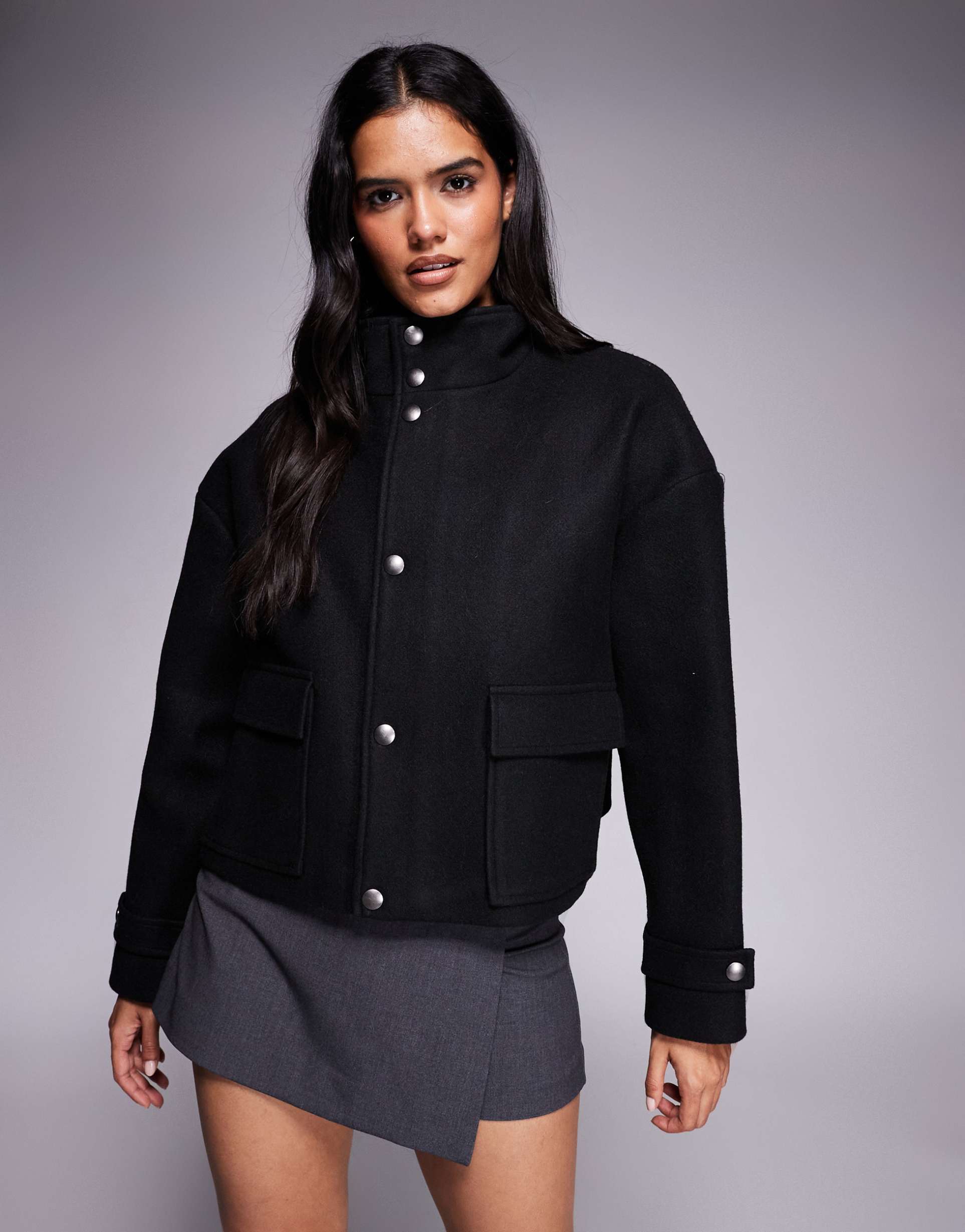 aria cove funnel neck zip up wool look pocket detail jacket in black