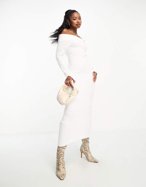 Aria Cove - Gebreide maxi trui-jurk met bardot-hals in wit